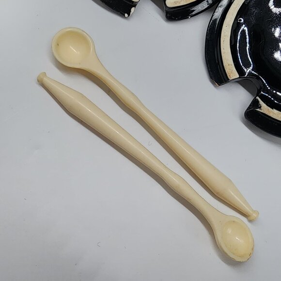 Vintage MCM Shawnee Condiment Bowls With Lids and Spoons Black & Ivory Color - Picture 6 of 10